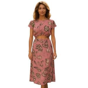 Zara Women Open Front Linen Blend Multi Pink Midi Dress Size XL NWT